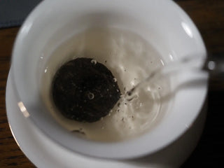 Pouring hot water over Mengku TeaSoul Sheng Pu-erh Coin Tea in gaiwan, preparing infusion