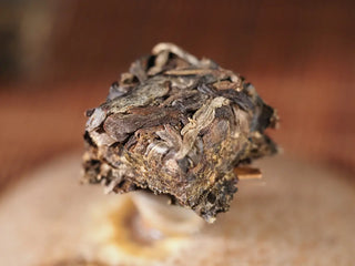 Close-up of a single 5g piece of Yunnan Raw Pu-erh Waffle Cake – Three Legendary Leaves, showing texture details