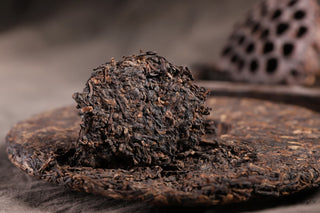 A large broken piece of the 2019 Bojun 500g cake lifted from the remaining cake, showing dark fermented leaves with golden buds.