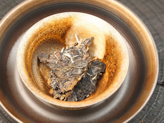 Piece of Gold Brick 2012 Fuding White Peony tea placed in a ceramic gaiwan on a tray before brewing, ready for hot water.