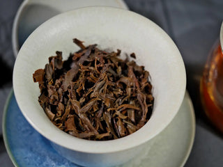 Close-up of wet leaves (leaf base) from Yiwu Raw Pu-erh Cake – 2013 Spring Tea, Hand-Pressed 2023, Sweet & Layered (100g) after brewing, showing leaf shape, color, and texture