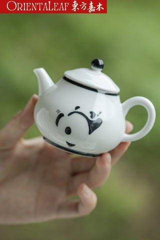 White Porcelain Tea Pot- Hand-painted Panda Theme