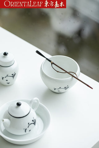 White Porcelain Tea Wash- Hand-painted Panda Theme