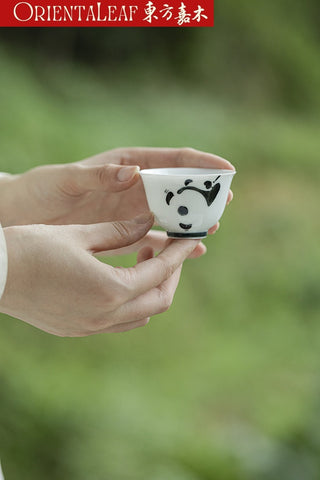 White Porcelain Tea Cups- Hand-painted Panda Theme