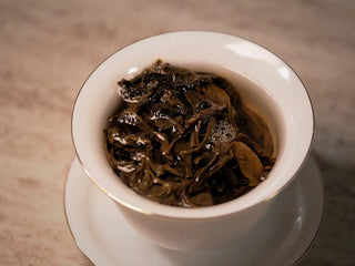 2019 Lincang Ancient Arbor Sheng Pu-erh Tea Cake leaves fully steeping in gaiwan with bright yellow-green liquor