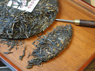 Using a tea needle to break apart aged Bulang Mountain raw pu-erh tea cake
