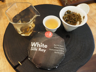 Comprehensive archive layout featuring the wrapped Silk Ray white tea cake, brewed tea soup, a tasting cup, and infused leaves on a charred wood board.