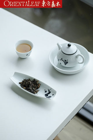 White Porcelain Cha He- Hand-painted Panda Theme