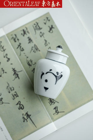 White Porcelain Tea Canister - Hand-painted Panda Theme