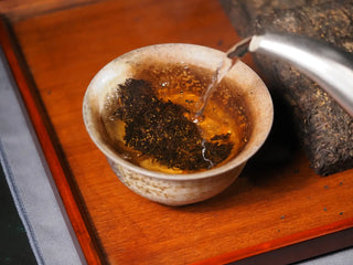 YXT Jingyang Fu Tea Ximanzi 2018 Dark Tea pieces placed in a porcelain gaiwan, ready for brewing.