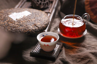 Bojun Ripe Pu-erh tea being poured into a glass pitcher, the liquor a deep reddish amber, with the cake in the background.