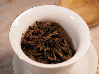 Close-up of the wet tea leaves from 2019 Qilin Tribute Sheng Pu-erh Tea Cake – Ancient Arbor 357g after brewing, resting inside the gaiwan.