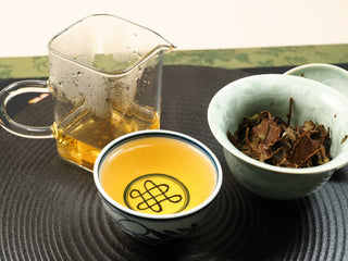 Complete gongfu tea setup with Fortune 2021 Shou Mei: glass fairness pitcher, gaiwan and tasting cups on a wooden tray.
