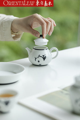 White Porcelain Tea Pot- Hand-painted Panda Theme