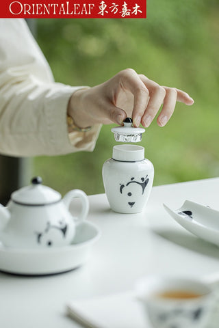 White Porcelain Tea Canister - Hand-painted Panda Theme