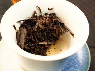 Dark wet steeped leaves of 2014 Fuding Shou Mei waffle cake in a gaiwan, broad mature leaves with stems clearly visible.