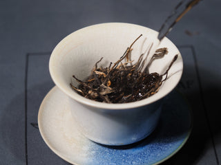 Pouring boiling water into a white porcelain Gaiwan filled with early spring Bulang Puerh tea leaves.