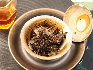 Steeped wet leaves of Gold Brick 2012 Fuding White Peony in a gaiwan beside a pitcher of dark amber tea liquor.