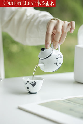 White Porcelain Tea Pot- Hand-painted Panda Theme