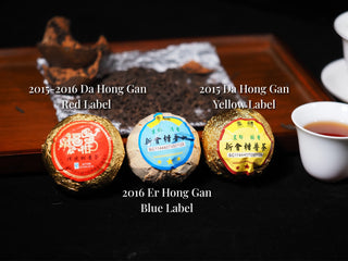 Three variants of Xinhui Gan Pu tea with red, blue, and yellow labels representing different vintages.