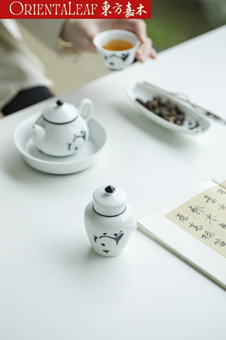 White Porcelain Tea Canister - Hand-painted Panda Theme