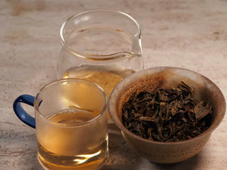 Gaiwan, fair cup, and tasting cup together displaying the amber tea liquor of Value Classic 2008 Tribute Sheng Pu-erh Tea Cake – 357g Menghai