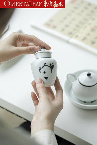 White Porcelain Tea Canister - Hand-painted Panda Theme