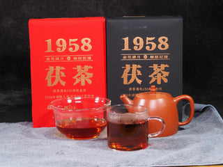 Full product lifestyle set featuring the packaging, tea brick, and brewed tea liquor.