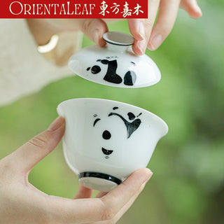 White Porcelain Gaiwan - Hand-painted Panda Theme