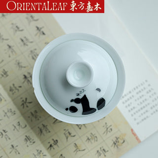 White Porcelain Gaiwan - Hand-painted Panda Theme