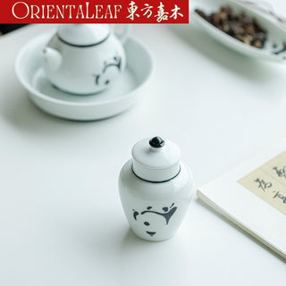 White Porcelain Tea Canister - Hand-painted Panda Theme