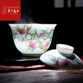 Jingdezhen Mutton Fat Jade Tea Set - Peachs