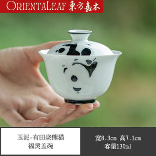 White Porcelain Gaiwan - Hand-painted Panda Theme