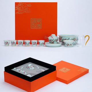 Jingdezhen Mutton Fat Jade Tea Set - Peachs