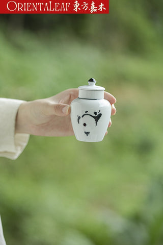 White Porcelain Tea Canister - Hand-painted Panda Theme