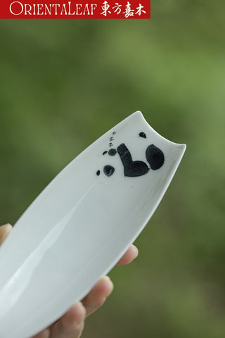 White Porcelain Cha He- Hand-painted Panda Theme