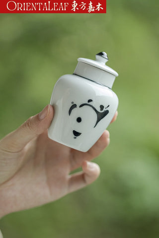 White Porcelain Tea Canister - Hand-painted Panda Theme