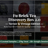 A technical graphic design layout for the Shaanxi Jingyang Fu Zhuan Tea tasting kit. The background displays 9 distinct premium tea brick samples under a dark transparent overlay. Minimalist white text outlines the framework: Fu Brick Tea Discovery Box 2.0, Terroir & Vintage Edition, comparing 3 master estates and 5 terroirs side-by-side with a 16-year aging evolution (2010–2020 vintages). A prominent bottom data bar specifies 270g total and 50+ Gongfu sessions to build a benchmark for quality Golden Flower
