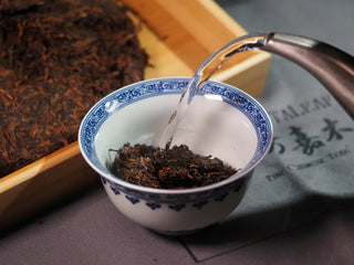 Misty Gold Bud Ripe Pu-erh Tea Cake – Menghai First-Spring-hot water poured into the gaiwan, beginning the infusion of the tea cake piece
