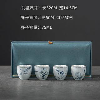 Four Gentlemen Gongfu Tea Cup - Hand-Painted Blue and White Porcelain