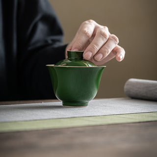 Ceramic Tea Bowl - Handcrafted Grass & Wood Ash Antique Gaiwan