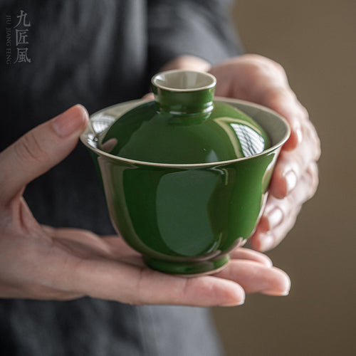 Ciotola da tè in ceramica - Gaiwan antico artigianale in cenere d'erba e legno