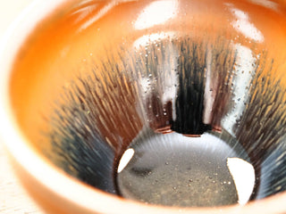 Close-up macro of the interior of a Shu Kou hare's-fur Jianzhan bowl, showing fine dark brown-to-black streaks radiating from a deep blue-black center, with a warm amber rim.
