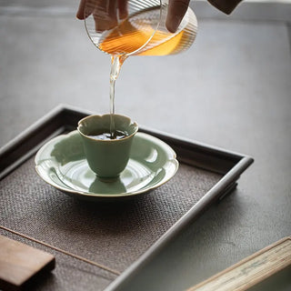 Yaozhou Fırını Celadon Lobeli Çay Bardağı | Vintage Gongfu Çay Bardağı
