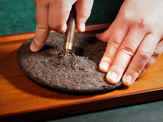 Tea cake on a tray being pried apart with a tea needle to prepare leaves for brewing