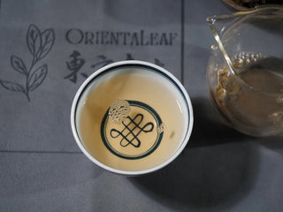 Close-up of brewed golden liquor from Hidden Mountain Raw Pu-erh Tea Cake (357g), showing bright, thick, and smooth Sheng Pu-erh tea.