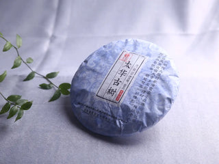 Taihua Ancient Tree Raw Puerh 2016 Gushu Sheng Cake in paper wrap, side view, aged raw puerh tea